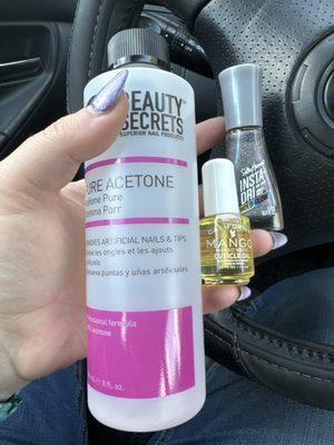 Pure acetone to soak off my grown out acrylics, cuticle oil to hydrate after the acetone and a really beautiful polish!