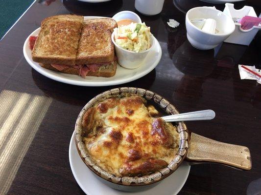 Delicious Reuben and French onion soup.