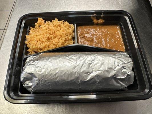 Burrito combo served with rice and beans