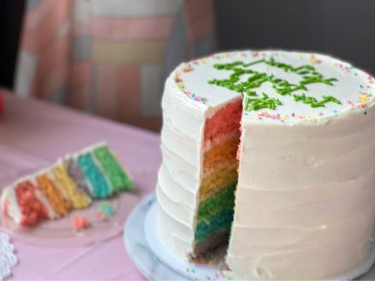 Rainbow birthday cake... vanilla cake with lemon butter cream.