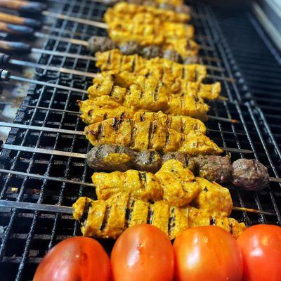 Shish Tawook and Shish Kebob on the grill