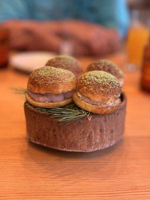 Wood Over Profiteroles, chicken liver, burnt strawberry, douglas fir