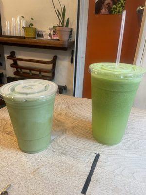 Double green - one cleanser (right) for hangover and an iced matcha latte