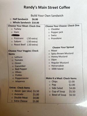 Build your own sandwich menu