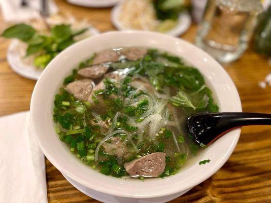 Rare beef and meatball pho