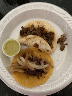 One fajita taco and one barbacoa taco