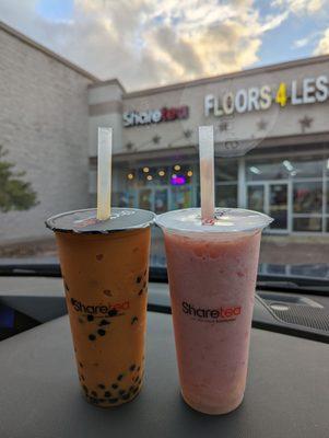 Orange drink is Thai tea ice blended with pearl 80% sweet. The pink drink is strawberry IB with Lychee jelly and ice cream 80% sweet.