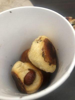 Burnt hotdog pretzels.