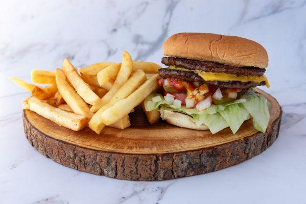 The infamously delicious Double Cheeseburger Special comes with fries and a fountain drink.