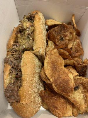 Philly's Best: shaved steak and cheese using the Philly style cheese wiz with a side of chips