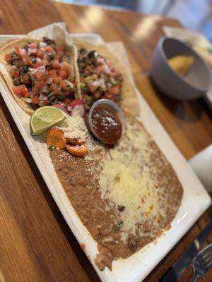 Steak tacos & refried beans