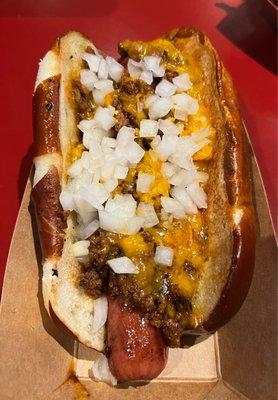 And then there's my husband's dog. He's from Detroit so he likes it Coney Island style. With chili cheese and onions  East Coast Chili Dog