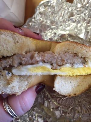 sausage egg and cheese on a plain bagel!