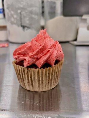 Special Valentines Day cupcake. Red Velvet cupcake with cherry cream cheese frosting.