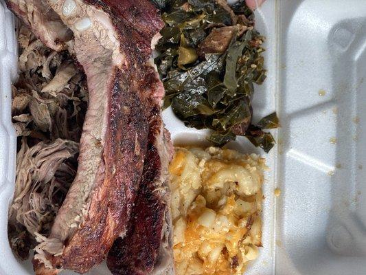 Ribs, pulled pork, Mac and cheese, & collard greens.