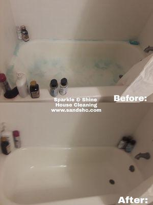 BEFORE: Bath Tub w/ Black & Pink Mold and caked up dirt and scum. Presoak, 
AFTER: Tub sparkling clean after our cleaners went in.