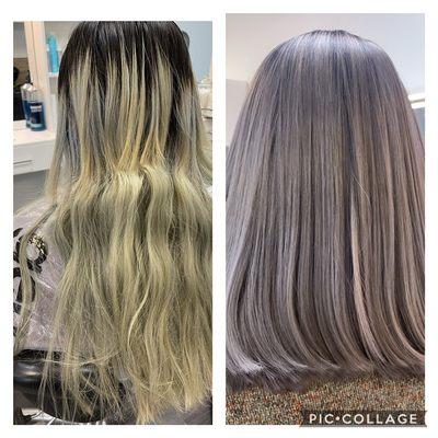 Color Make Over. From a very discolored and mistreated hair to a platinum gray Color. Hair is healthy and strong.