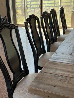 These chairs were brown with arms before Debra and Morgan transformed them with a black finish and new, stain resistant upholstery.