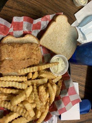 Fish sandwich, wheat bread & french fries.