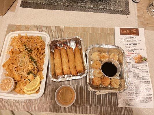 Chicken Pad Thai, Shrimp Rolls, Shrimp Shumai,