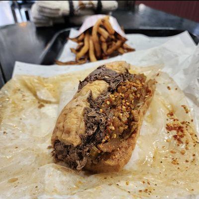 Italian Beef spicy wet sandwich