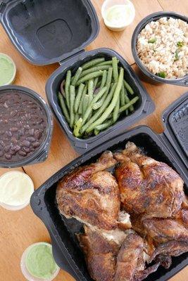 Poyoteca Whole Chicken (Family Meals) with green beans, black beans, Arroz Chaufa (Peruvian Fried Rice)