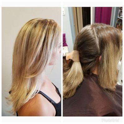 Balayage highlights with color overlay and surface shine treatment.