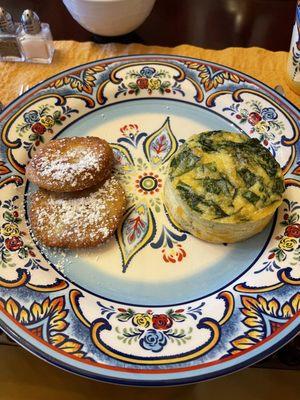 Cornmeal pancakes and spinach quiche for breakfast - delicious!