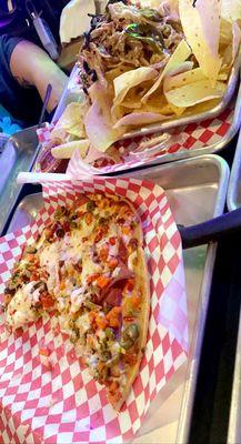 Pulled Pork Nachos & Muffuletta Flatbread