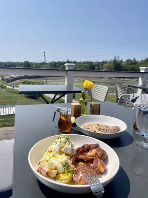 Lobster benny + blueberry pancakes, on the patio