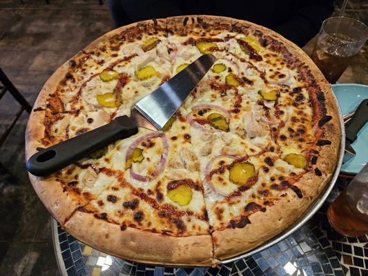 Smokehouse pizza. Yeah, that's pickles on a pizza, but trust me, it's really good.