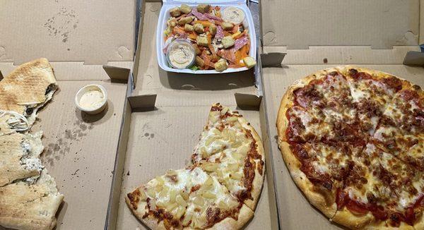 Greek Salad, Pineapple Pizza, Meat Pizza, Calzone