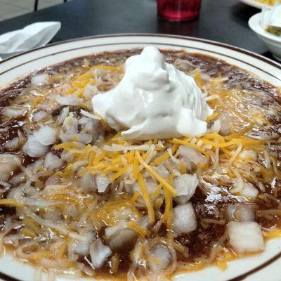 Bowl of chili with all the toppings! Pie is next!