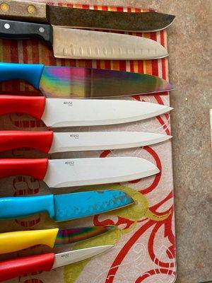 Kitchen knives and camping knives.