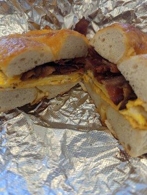 Breakfast sandwich on cheddar bagel