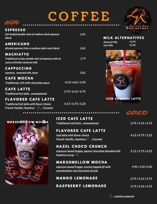 Menu of the Coffee Options