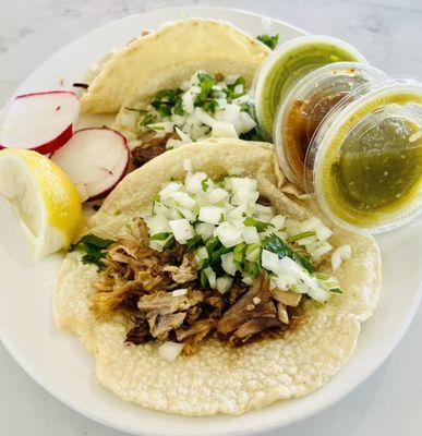 Carnitas taco trio, with handmade tortillas