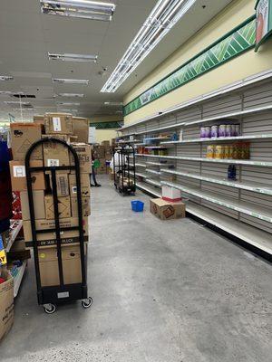 Empty shelves with boxes of merchandise nearby