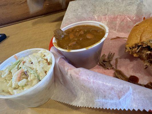 Cole slaw, beans, brisket. Mikes plate