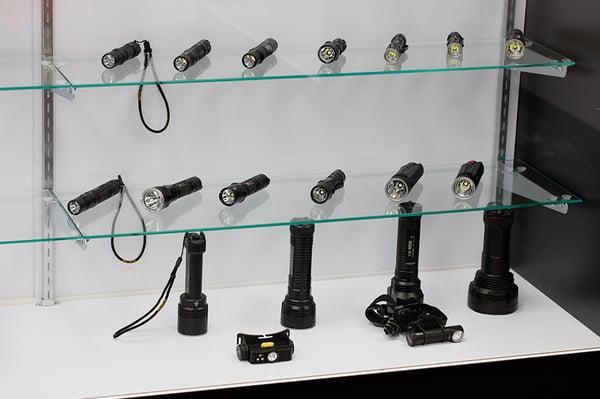 We have a large demo display of most of our high powered LED headlamps and flashlights.