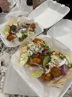 Fish tacos on Left, Shrimp tacos on Right