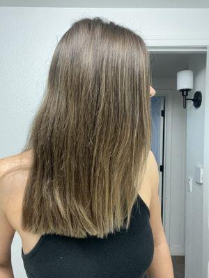 Blunt cut, no layers after I told her I wanted layers and tons of texture.