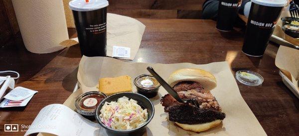 Pull Pork Sandwich, Cole Slaw and Corn Bread