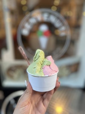 Small Gelato Cup (~$5): half strawberry & half pistachio