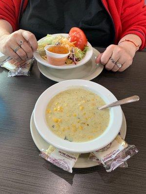 Green chili corn chowder and a green salad to start! Really like this place.