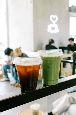 Iced Americano + Pistachio Matcha Latte