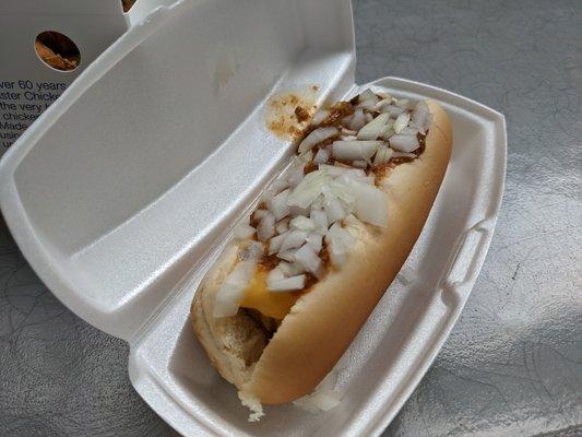 Coney dog with chili, cheese, and onion