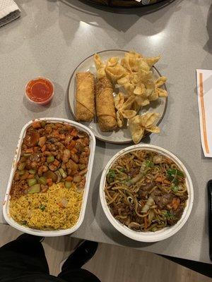 Egg Rolls, Crab Rangoon, Cashew Chicken Combination Plate C, Beef Lo Mein