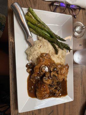 Chicken marsala, garlic  mashed potatoes and asparagus