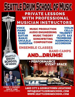 SEATTLE DRUM SCHOOL OF MUSIC
Private Lessons with Professional Musician Instructors

Family owned since 1986